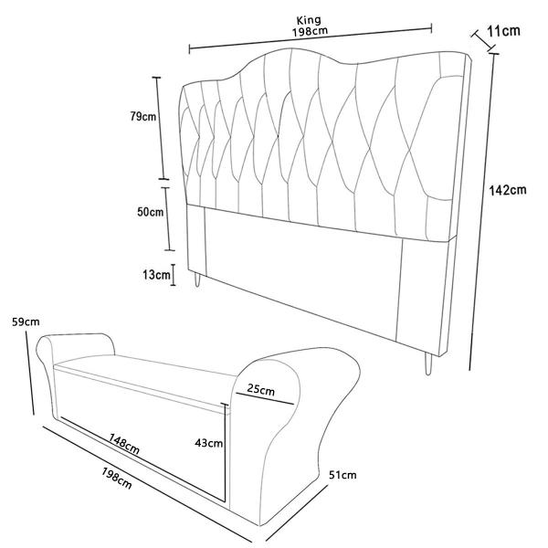 Imagem de Conjunto Cabeceira King Size e Recamier Baú 198cm Calçadeira Estofado