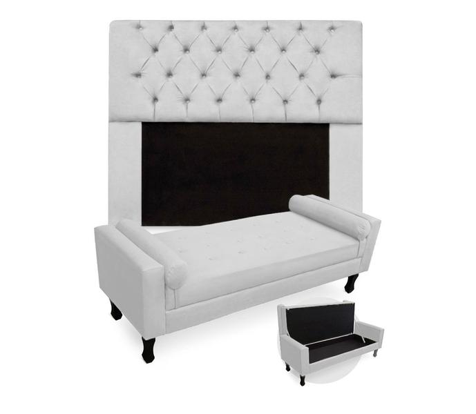 Imagem de Conjunto Cabeceira Mirage Com Recamier Baú Fenix Casal 140 cm Suede Branco - DL DECOR