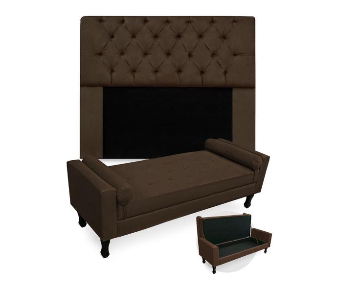 Imagem de Conjunto Cabeceira Mirage Com Recamier Baú Fenix King 195 cm Corano Marrom - DL DECOR