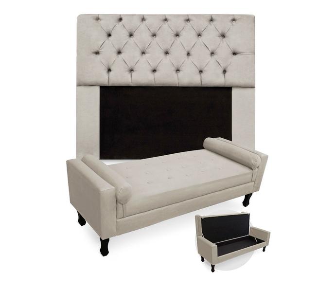 Imagem de Conjunto Cabeceira Mirage Com Recamier Baú Fenix King 195 cm Suede Bege - DL DECOR