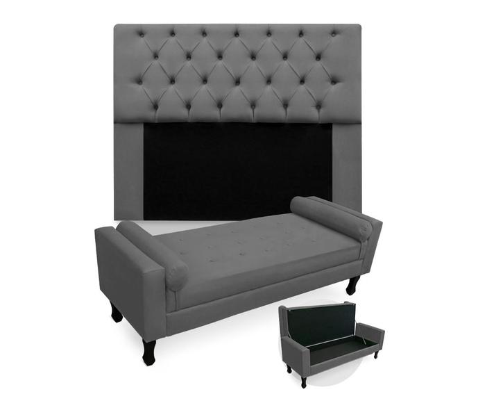 Imagem de Conjunto Cabeceira Mirage Com Recamier Baú Fenix Queen 160 cm Suede Cinza - LM DECOR