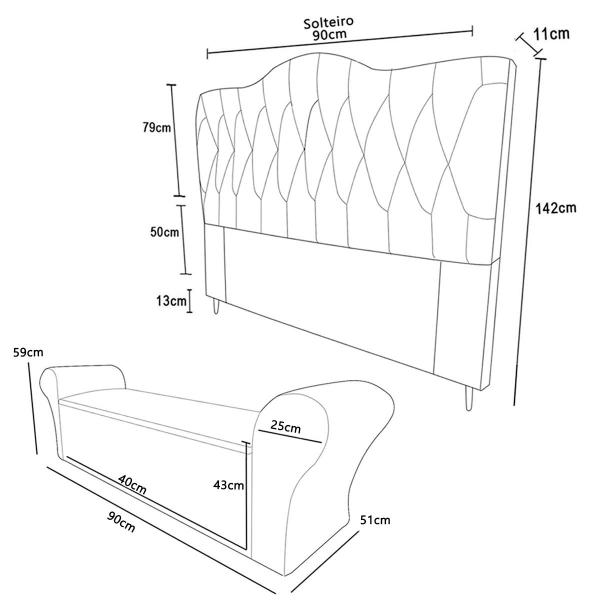 Imagem de Conjunto Cabeceira Solteiro e Recamier Baú 90cm Calçadeira Banco Quarto Estofado