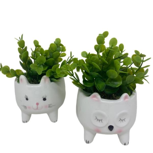 Imagem de Conjunto cachepot de coruja e gatinho em cerâmica com planta