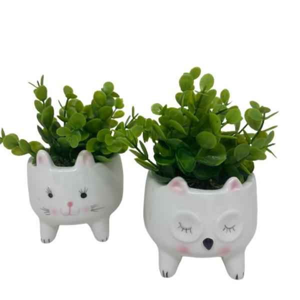 Imagem de Conjunto cachepot de coruja e gatinho em cerâmica com planta