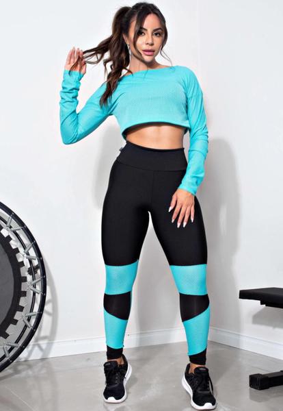 Imagem de Conjunto Calça Legging + Cropped de Telinha Manga Longa com Detalhes em Azul Turquesa