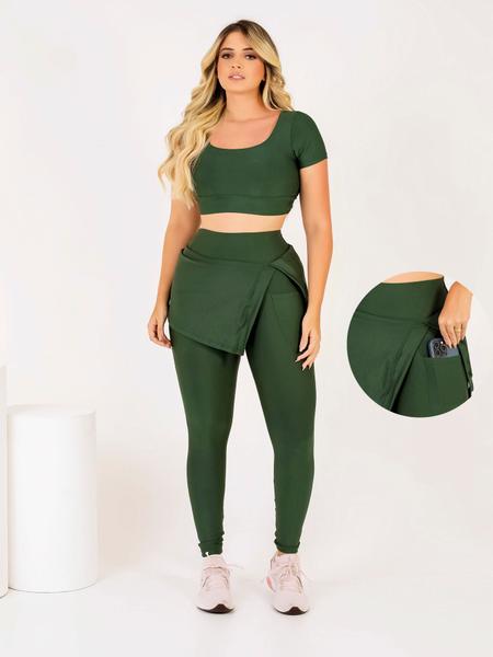 Imagem de Conjunto Calça legging Saia Fenda Com Bolso Top Cropeed Moda Evangélica Fitness Treino Academia The Start