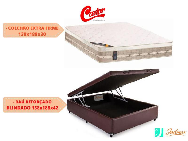 Imagem de Conjunto Cama Box Baú Casal + Colchão Castor Premium Tecnopedic (Molas Firme) 138x188x72 