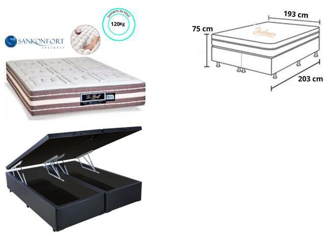 Conjunto Cama Box Baú Casal King + Colchão Molas Sankonfort Le