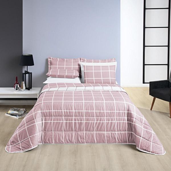 Imagem de Conjunto Cama Casal King Size Xadrez 200 Fios Rosa