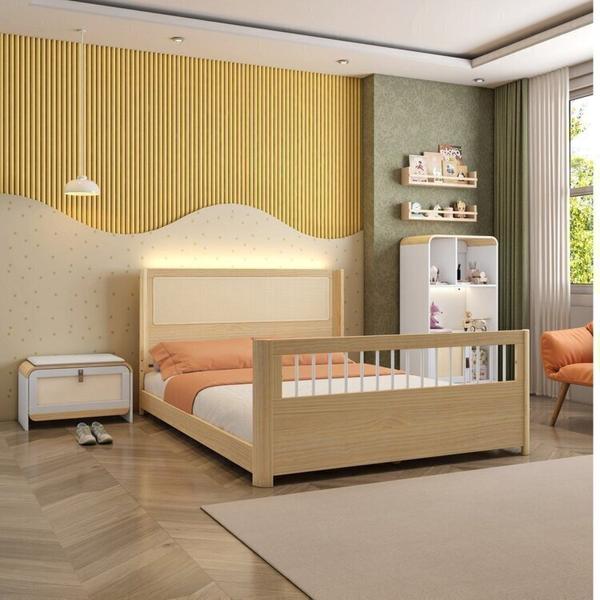 Imagem de Conjunto Cama Casal Montessoriana Reversível, Estante 4 Nichos em Led e Sapateira 1 Pt Infantil Wave Casatema