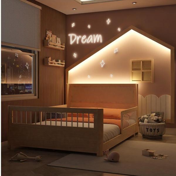 Imagem de Conjunto Cama Casal Montessoriana Wave Reversivel e Moldura com Led Dream Decor Casatema Natural / Branco