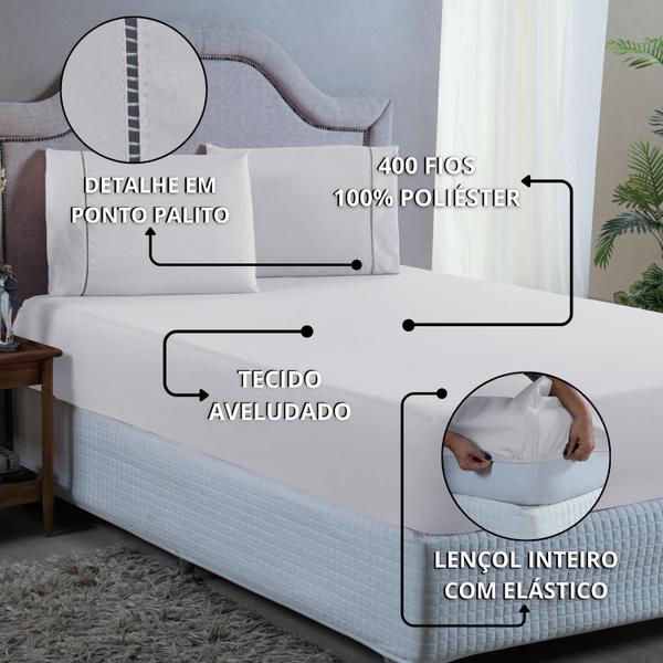 Imagem de Conjunto Cama King Size 400 Fios Lençol com Elástico Fronha Ponto Palito 3 peças 40cm Altura