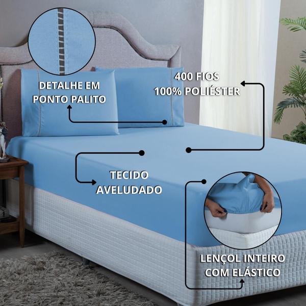 Imagem de Conjunto Cama King Size 400 Fios Lençol com Elástico Fronha Ponto Palito 3 peças 40cm Altura