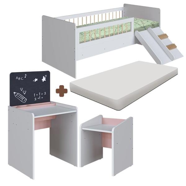 Imagem de Conjunto Cama Montessoriana Com Colchão E Escolinha Infantil Branco Rosa Melvin Shop Jm