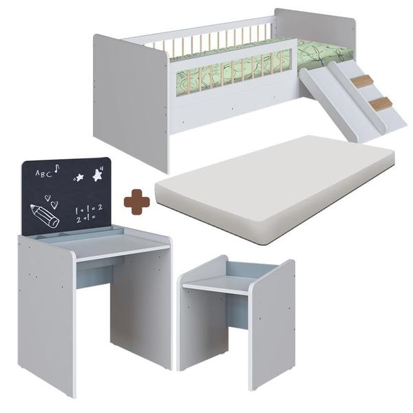 Imagem de Conjunto Cama Montessoriana Com Mesa Infantil Branco Azul Shop JM