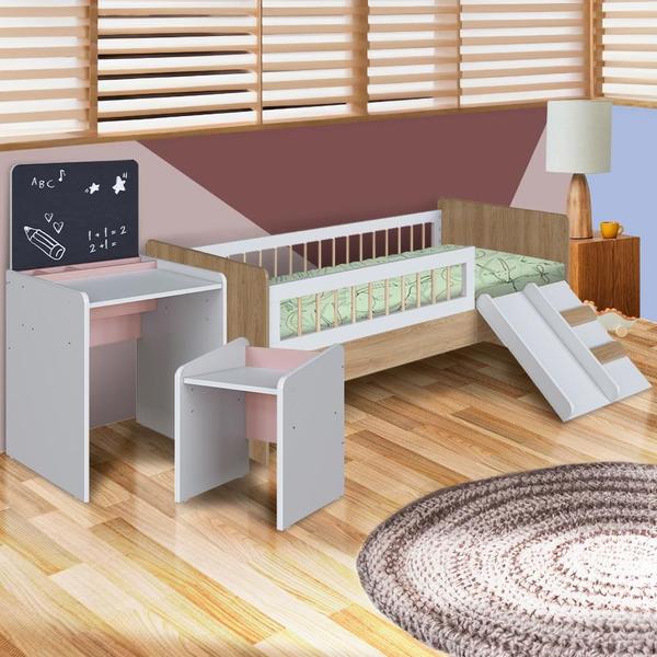 Imagem de Conjunto Cama Montessoriana Com Mesinha Com Lousa E Cadeirinha Infantil Aveiro Oak Branco Rosa Cassian Shop Jm