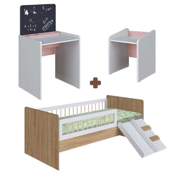 Imagem de Conjunto Cama Montessoriana Com Mesinha Com Lousa E Cadeirinha Infantil Aveiro Oak Branco Rosa Cassian Shop Jm