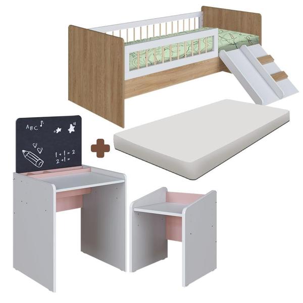 Imagem de Conjunto Cama Montessoriana E Colchão Com Mesinha Com Lousa E Cadeirinha Infantil Aveiro Oak Branco Rosa Cassian Shop Jm