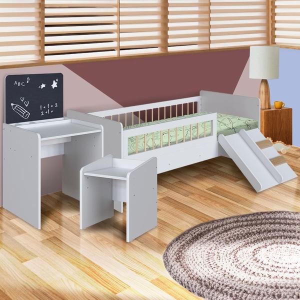 Imagem de Conjunto Cama Montessoriana E Colchão Com Mesinha Com Lousa E Cadeirinha Infantil Branco Cassian Shop Jm