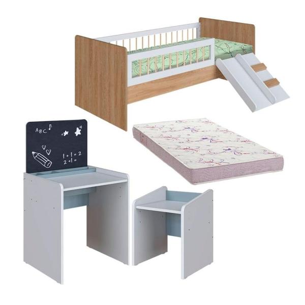 Imagem de Conjunto Cama Montessoriana E Colchão Ortobom Com Mesinha Com Lousa E Cadeirinha Infantil Aveiro Oak Branco Azul Cassian Shop Jm