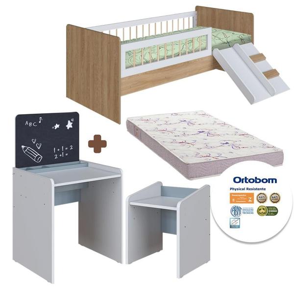 Imagem de Conjunto Cama Montessoriana E Colchão Ortobom Com Mesinha Com Lousa E Cadeirinha Infantil Aveiro Oak Branco Azul Cassian Shop Jm