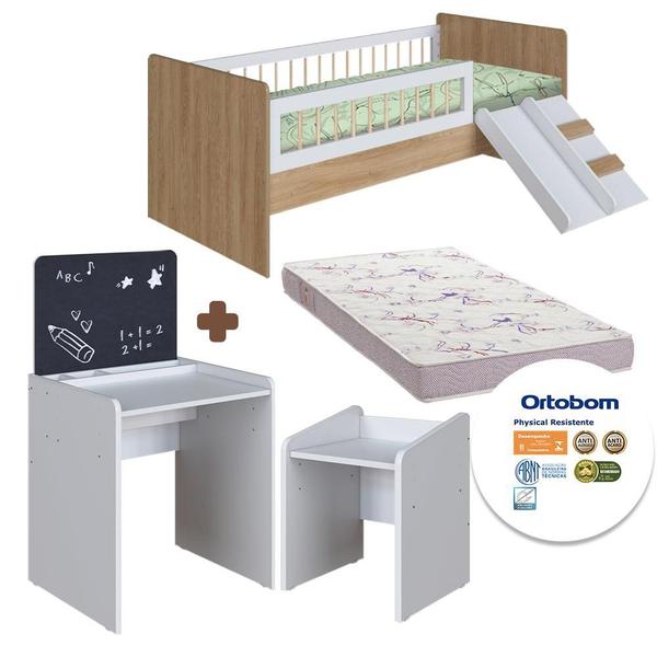 Imagem de Conjunto Cama Montessoriana E Colchão Ortobom Com Mesinha Com Lousa E Cadeirinha Infantil Aveiro Oak Branco Cassian Shop Jm