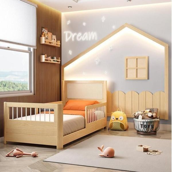 Imagem de Conjunto Cama Solteiro Wave Montessoriana Led, Grade de Proteção e Moldura Dream Decor Led Casatema Branco/Natural