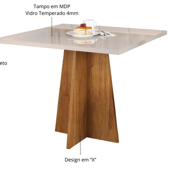 Imagem de Conjunto Canto Alemão com Baú Trento Mesa Quadrada com Vidro 90x90 e 2 Cadeira Dallas em Mdp/mdf Mel/Marfim/Off White