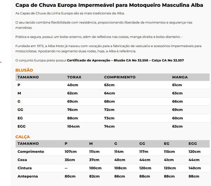 Imagem de Conjunto Capa de Chuva Moto Alba Europa PVC Masculino Motoqueiro