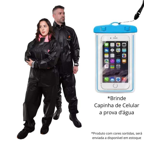 Imagem de Conjunto Capa de Chuva Pvc Bravo com Capuz  Preto Pioneira + Capa Celular