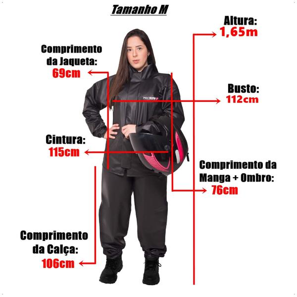 Imagem de Conjunto Capa de Chuva Pvc Combate c/ Capuz Feminina Preto Refletiva Resistente Zíper Pioneira