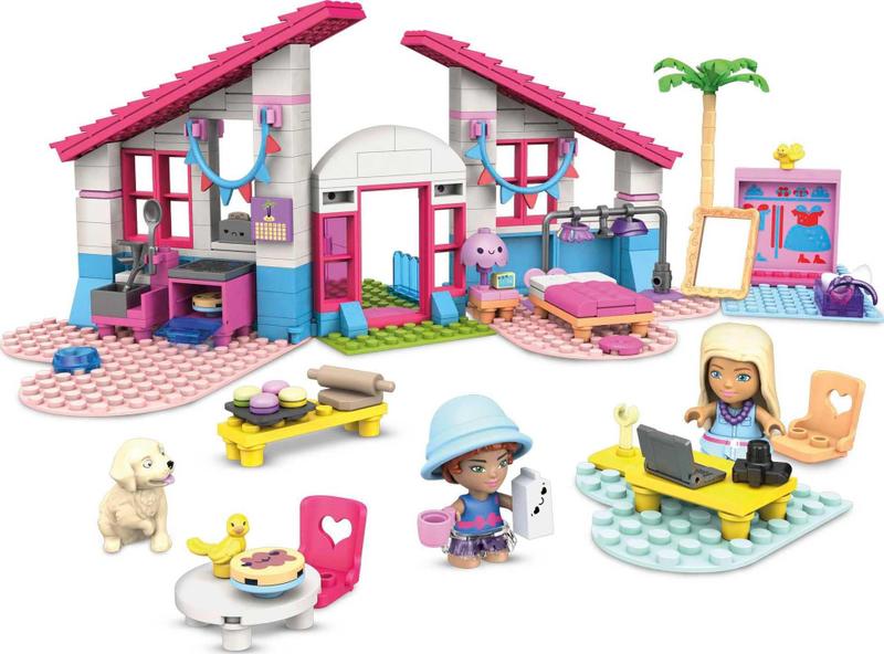 Imagem de Conjunto Casa Malibu Barbie Mega, 303 bricks, acessórios, 2 bonecas, 1 filhote, 2 pássaros. Presente para crianças a partir de 5 anos