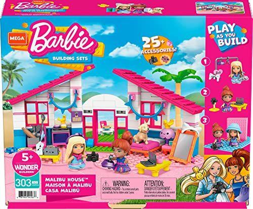 Imagem de Conjunto Casa Malibu Barbie Mega, 303 bricks, acessórios, 2 bonecas, 1 filhote, 2 pássaros. Presente para crianças a partir de 5 anos