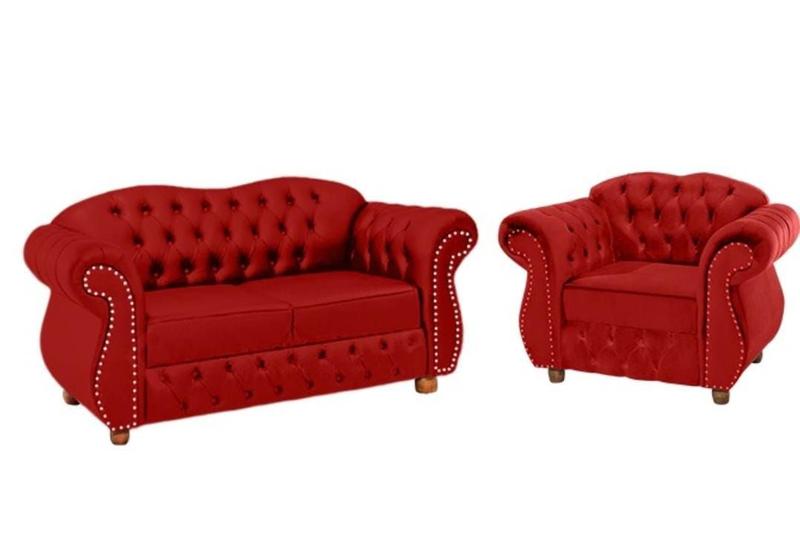 Imagem de Conjunto Chesterfield Merlo 1 Namoradeira + 1 poltrona Suede vermelho/ decoração, recepção, sala tv estar