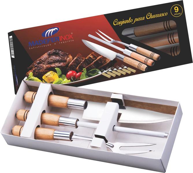 Imagem de Conjunto Churrasco 9 Pcs Faca Chaira Garfo Garfinhos Madefer