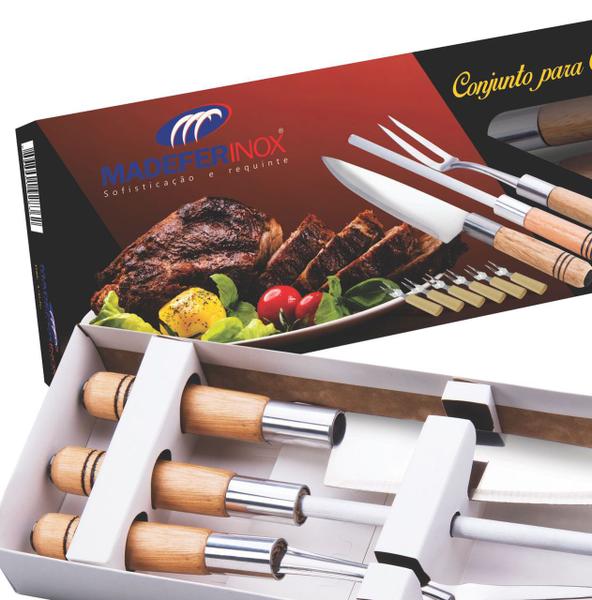 Imagem de Conjunto Churrasco 9 Pcs Faca Chaira Garfo Garfinhos Madefer