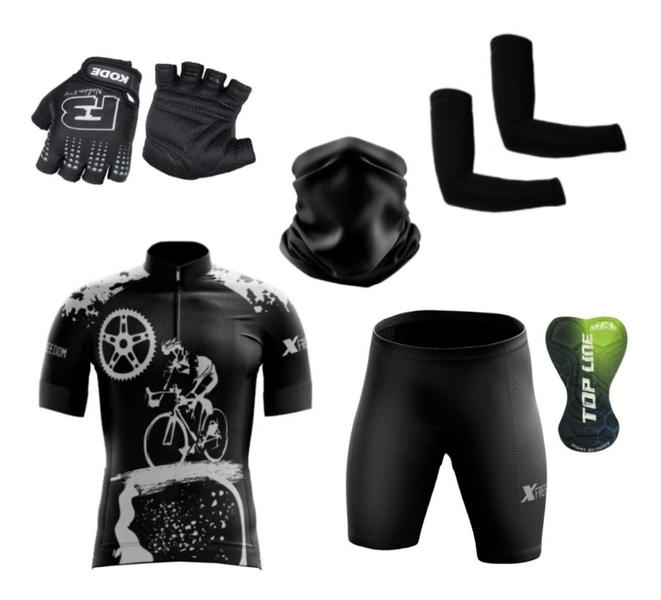 Imagem de Conjunto Ciclismo Camisa C/ Proteção UV e Bermuda C/ Proteção em Gel + Par de Luvas Kode + Par de Manguitos + Bandana