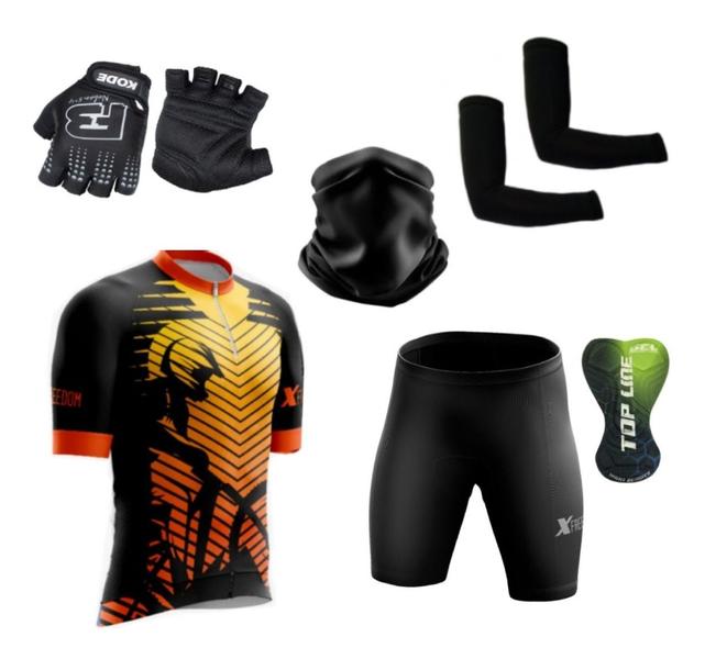 Imagem de Conjunto Ciclismo Camisa C/ Proteção UV e Bermuda C/ Proteção em Gel + Par de Luvas Kode + Par de Manguitos + Bandana