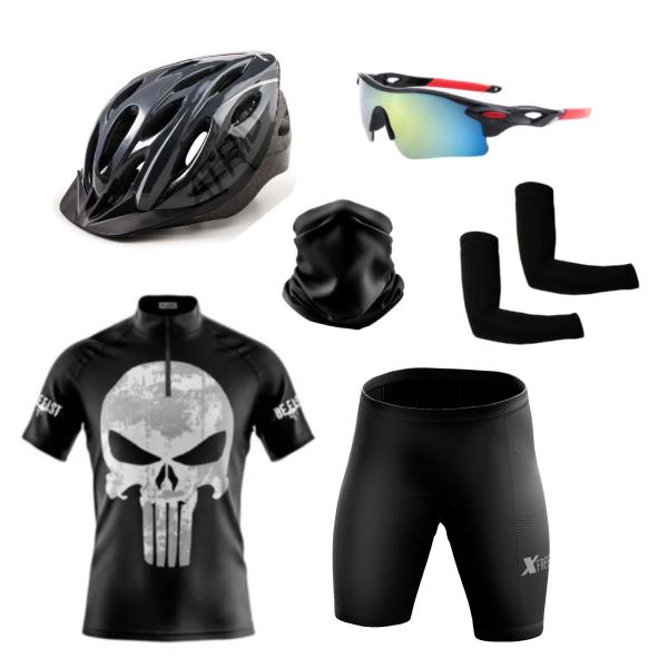 Imagem de Conjunto Ciclismo Camisa e Bermuda C/ Proteção UV + Capacete Ciclismo + Luva de Ciclismo + Óculos Esportivo +  Manguito + Bandana