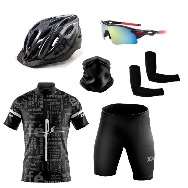 Imagem de Conjunto Ciclismo Camisa e Bermuda C/ Proteção UV + Capacete Ciclismo + Luva de Ciclismo + Óculos Esportivo +  Manguito + Bandana