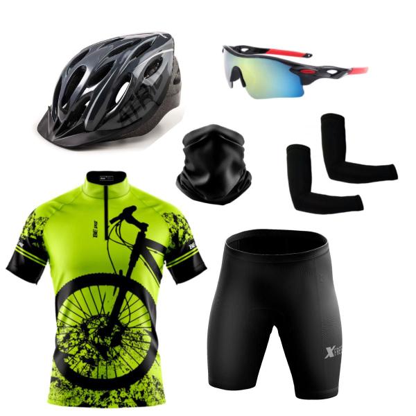 Imagem de Conjunto Ciclismo Camisa e Bermuda C/ Proteção UV + Capacete Ciclismo + Luva de Ciclismo + Óculos Esportivo +  Manguito + Bandana