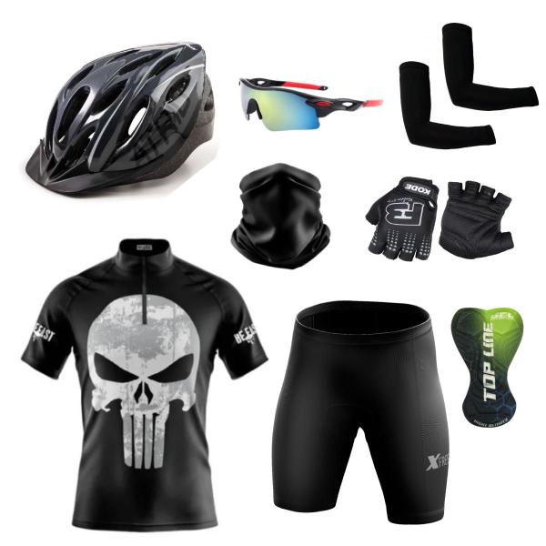 Imagem de Conjunto Ciclismo Camisa e Bermuda + Capacete de Ciclismo C/ Luz LED + Luvas de Ciclismo + Óculos Esportivo +  Par de Manguitos + Bandana