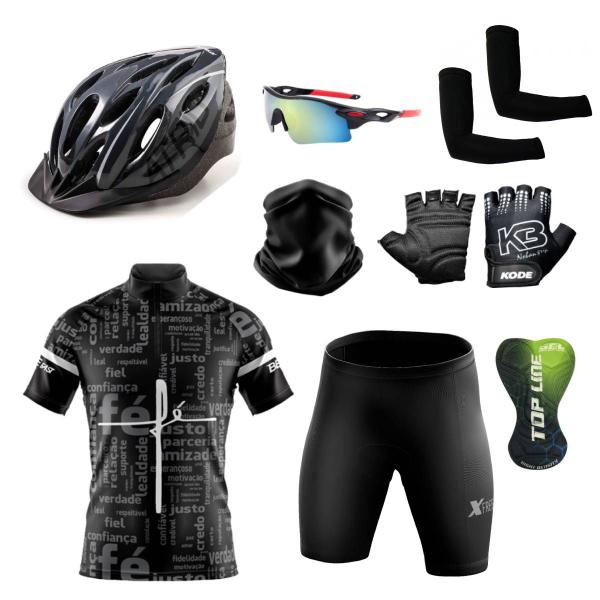 Imagem de Conjunto Ciclismo Camisa e Bermuda + Capacete de Ciclismo C/ Luz LED + Luvas de Ciclismo + Óculos Esportivo +  Par de Manguitos + Bandana