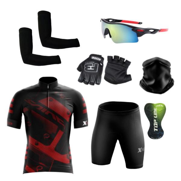 Imagem de Conjunto Ciclismo Camisa e Bermuda + Par de Luvas + Óculos Esportivo +  Par de Manguitos + Bandana