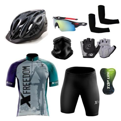 Imagem de Conjunto Ciclismo Camisa Proteção Uv e Bermuda + Capacete Ciclismo + Luva Ciclismo + Óculos Esportivo +  Manguito + Bandana