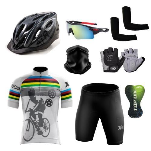 Imagem de Conjunto Ciclismo Camisa Proteção Uv e Bermuda + Capacete Ciclismo + Luva Ciclismo + Óculos Esportivo +  Manguito + Bandana