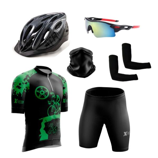 Imagem de Conjunto Ciclismo Camisa Proteção Uv e Bermuda + Capacete Ciclismo + Óculos Esportivo +  Manguito + Bandana