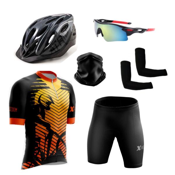 Imagem de Conjunto Ciclismo Camisa Proteção Uv e Bermuda + Capacete Ciclismo + Óculos Esportivo +  Manguito + Bandana