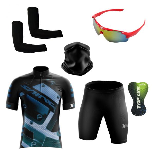 Imagem de Conjunto Ciclismo Camisa Proteção Uv e Bermuda + Óculos Esportivo +  Manguito + Bandana