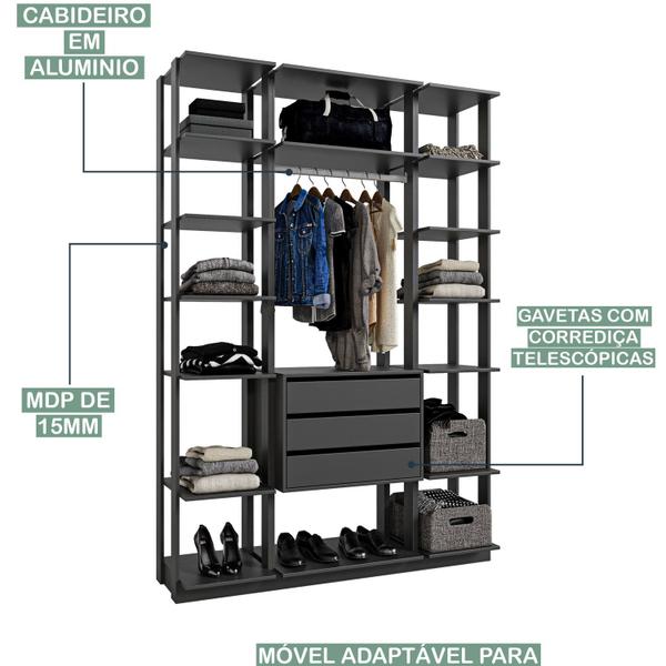 Imagem de Conjunto Closet Guarda Roupa 5 Prat. 3 Gav. 1 Cab 1520x2200x445 Mm Grafite